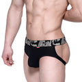 Black textured briefs with a camouflage waistband featuring the MetroMaleWear logo for comfortable daily wear