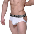 White ribbed men’s briefs with camouflage patterned waistband and black silhouettes metro malewear calipso jock strap