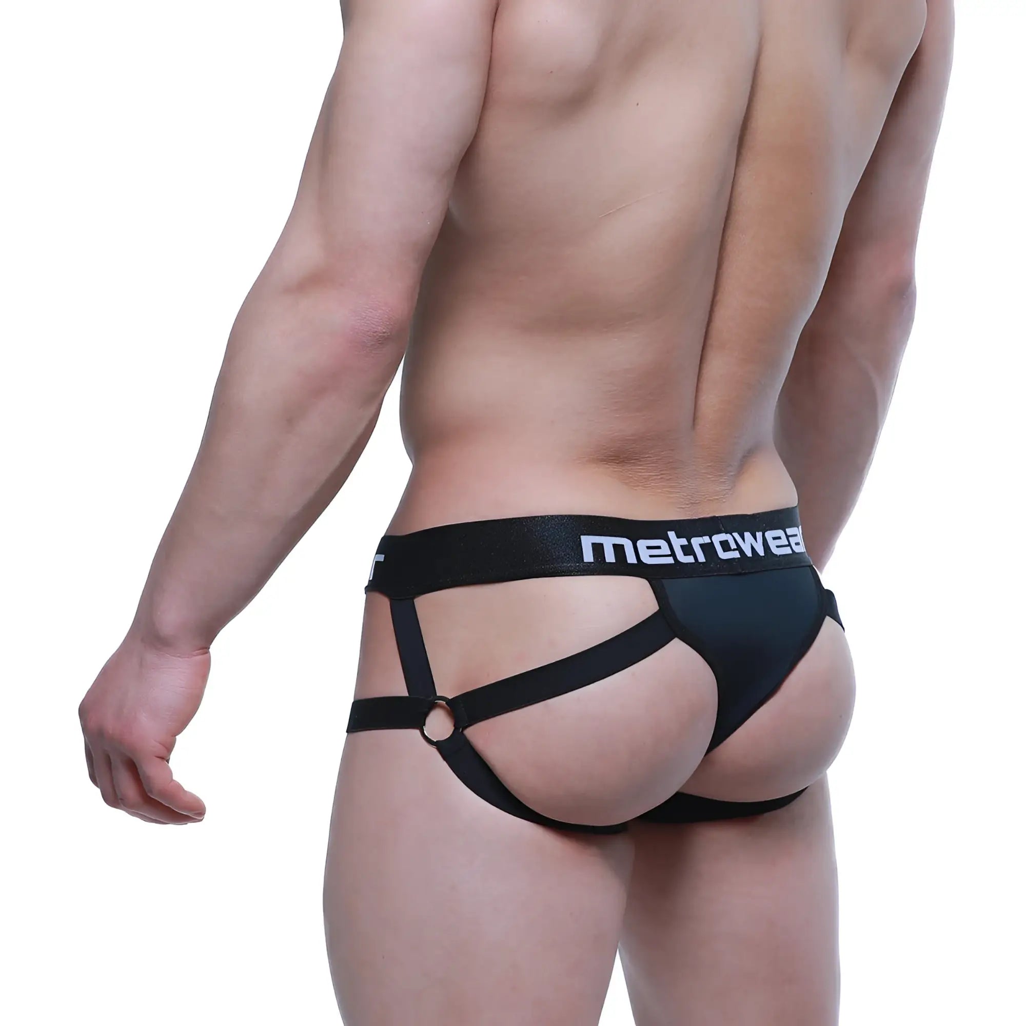 Black MetroMaleWear Calypso jock thong with strappy harness design and central ring in men’s briefs style