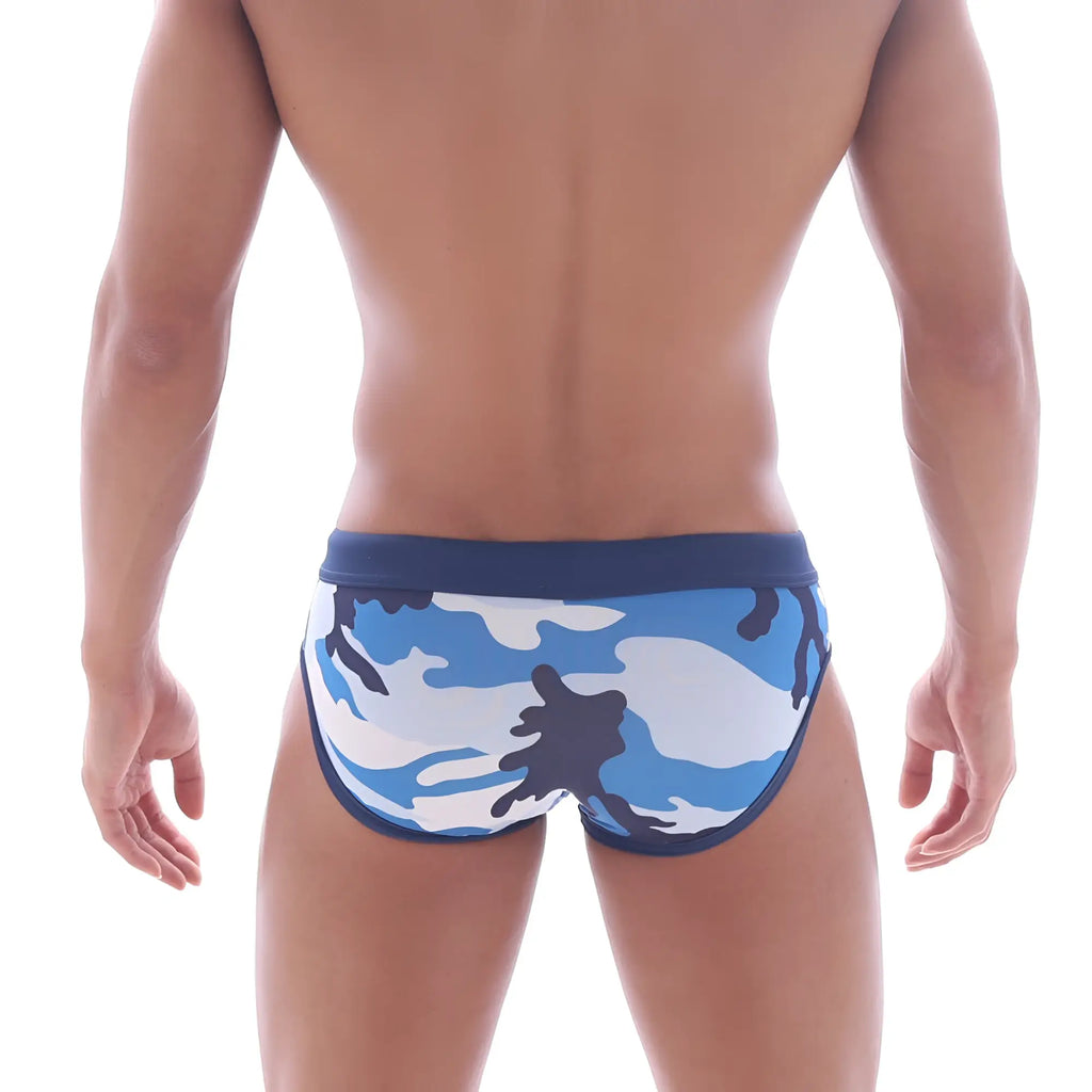 Metro malewear camo blue swim brief 4916-77 blue and white camouflage swim trunks with navy blue waistband