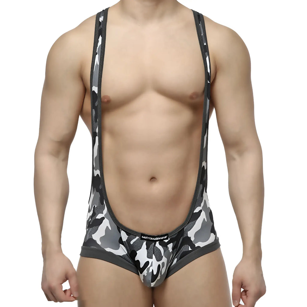 MetroMaleWear camo grey men’s wrestling singlet in black gray and white camouflage with a snug fit