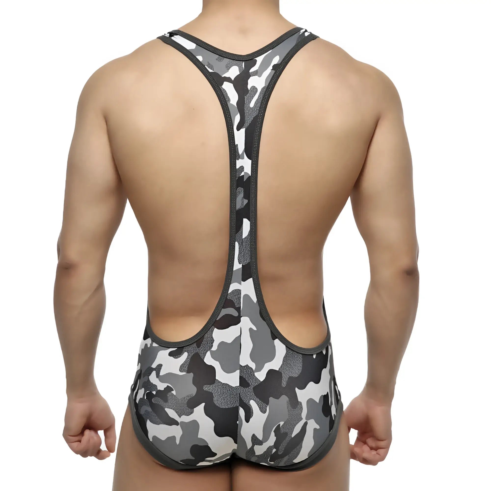 Gray and black camouflage wrestling singlet with racerback design by MetroMaleWear for wrestling use