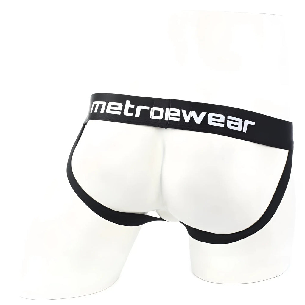 White metrowear briefs with black trim and waistband featuring metro malewear branding in white lettering