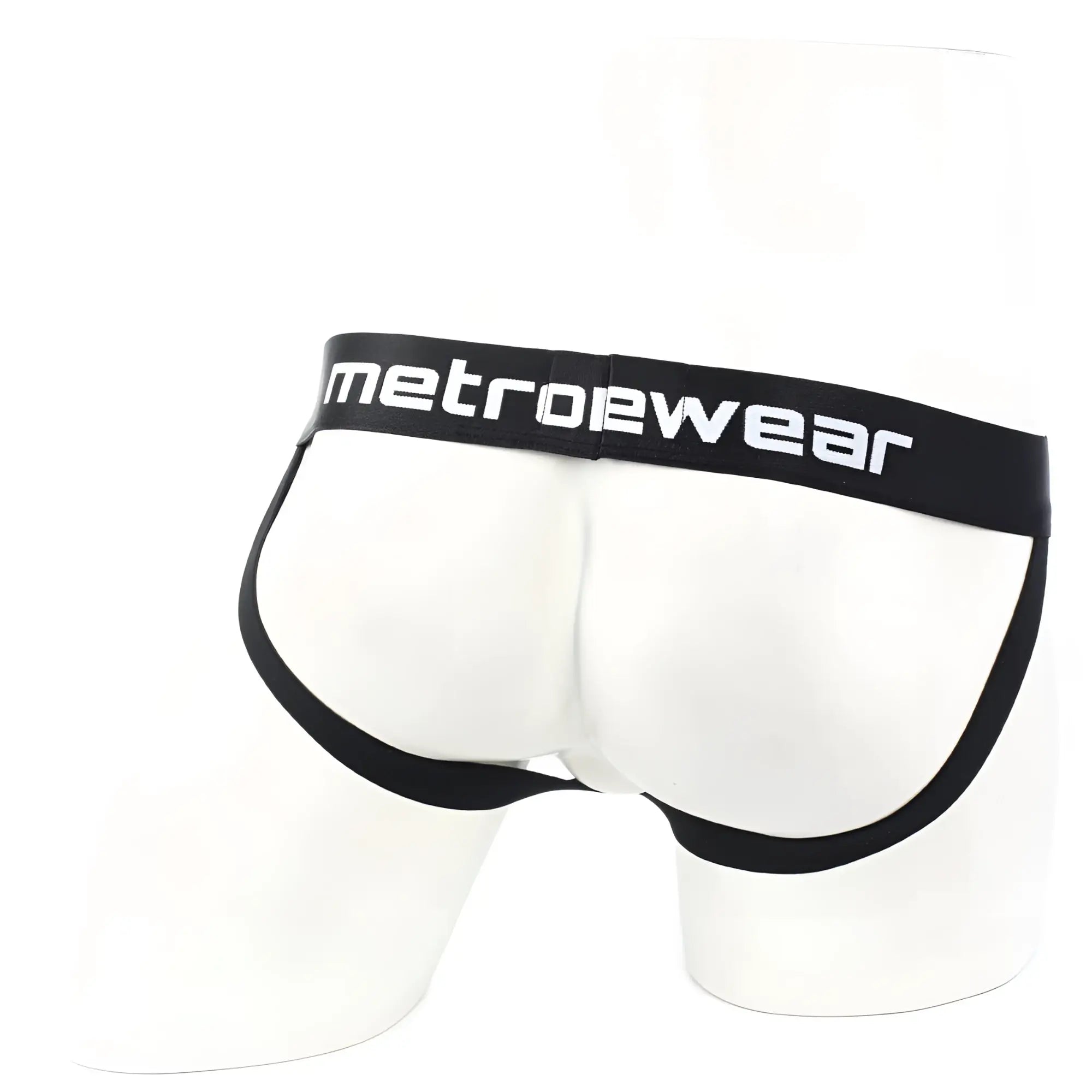 White metrowear briefs with black trim and waistband featuring metro malewear branding in white lettering