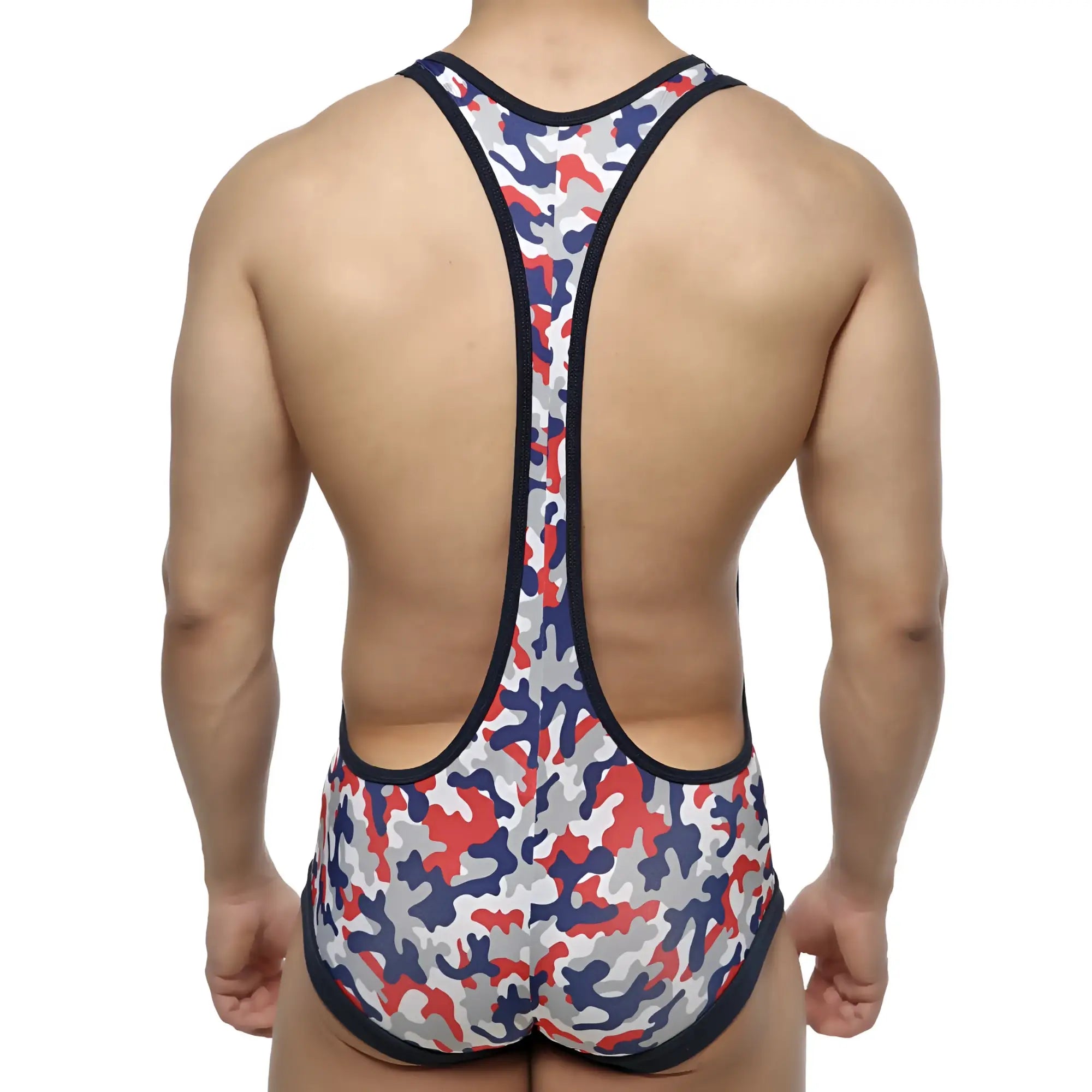 MetroMaleWear camo red wrestler men’s one-piece swimsuit in red white and navy camouflage with black trim
