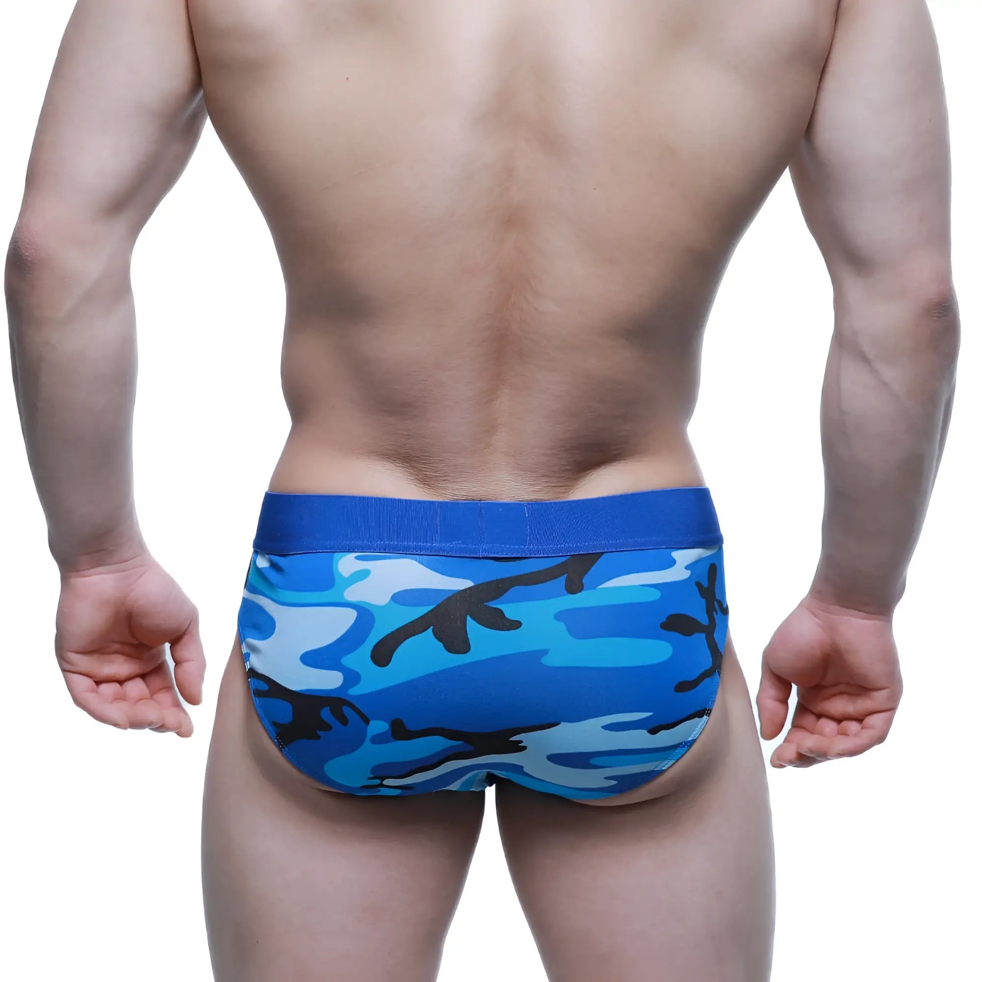 MetroMaleWear camouflage brief 5203-18 men’s briefs with blue and black pattern and solid blue elastic waistband