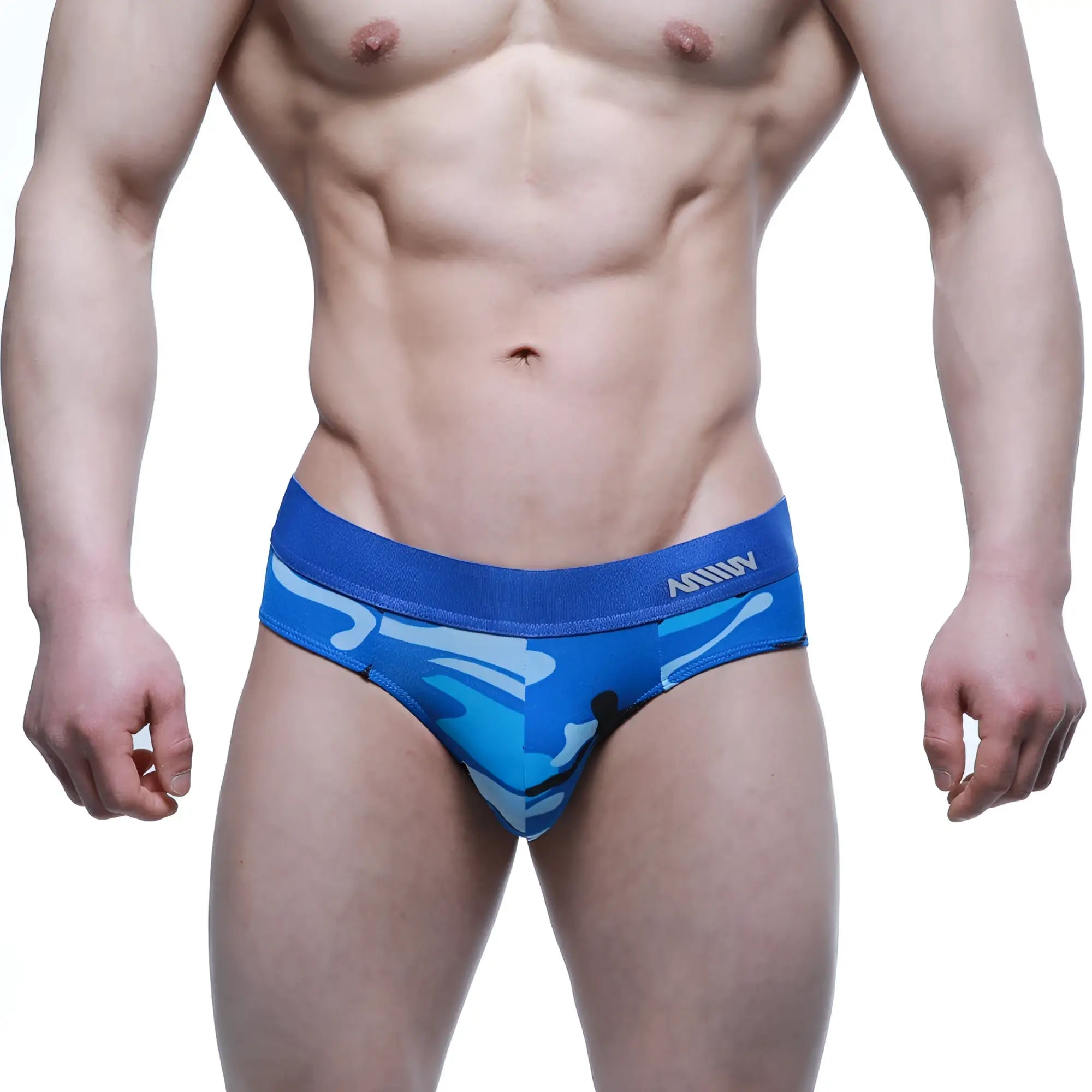 MetroMaleWear camouflage brief 5203-18 is a blue and white patterned men’s underwear with a solid blue amine waistband