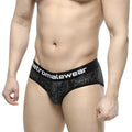Black patterned men’s briefs with mesh texture and white metromalewear branding on waistband metroMalewear camouflage hip brief 5003-90