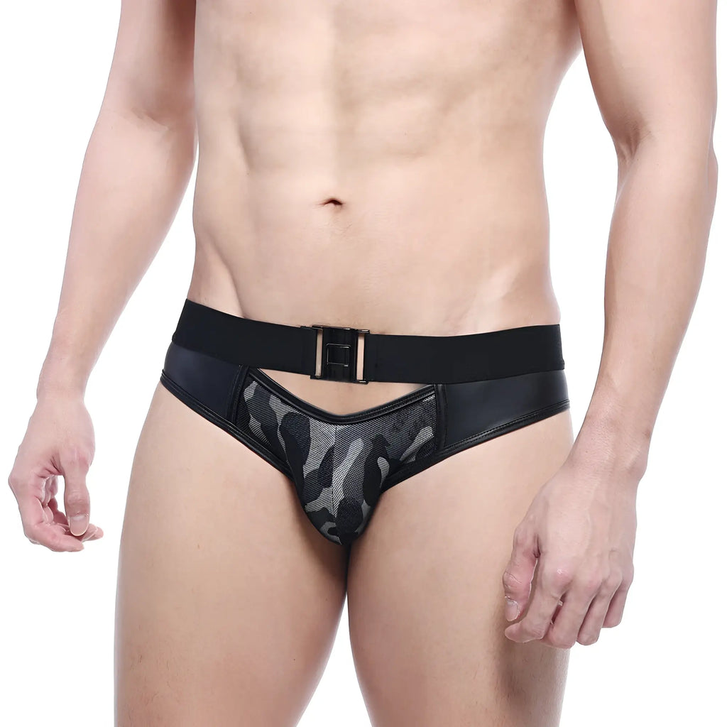 Black leather trimmed metro malewear swim briefs with camouflage mesh panel and matching belt buckle