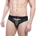 Black leather trimmed metro malewear swim briefs with camouflage mesh panel and matching belt buckle