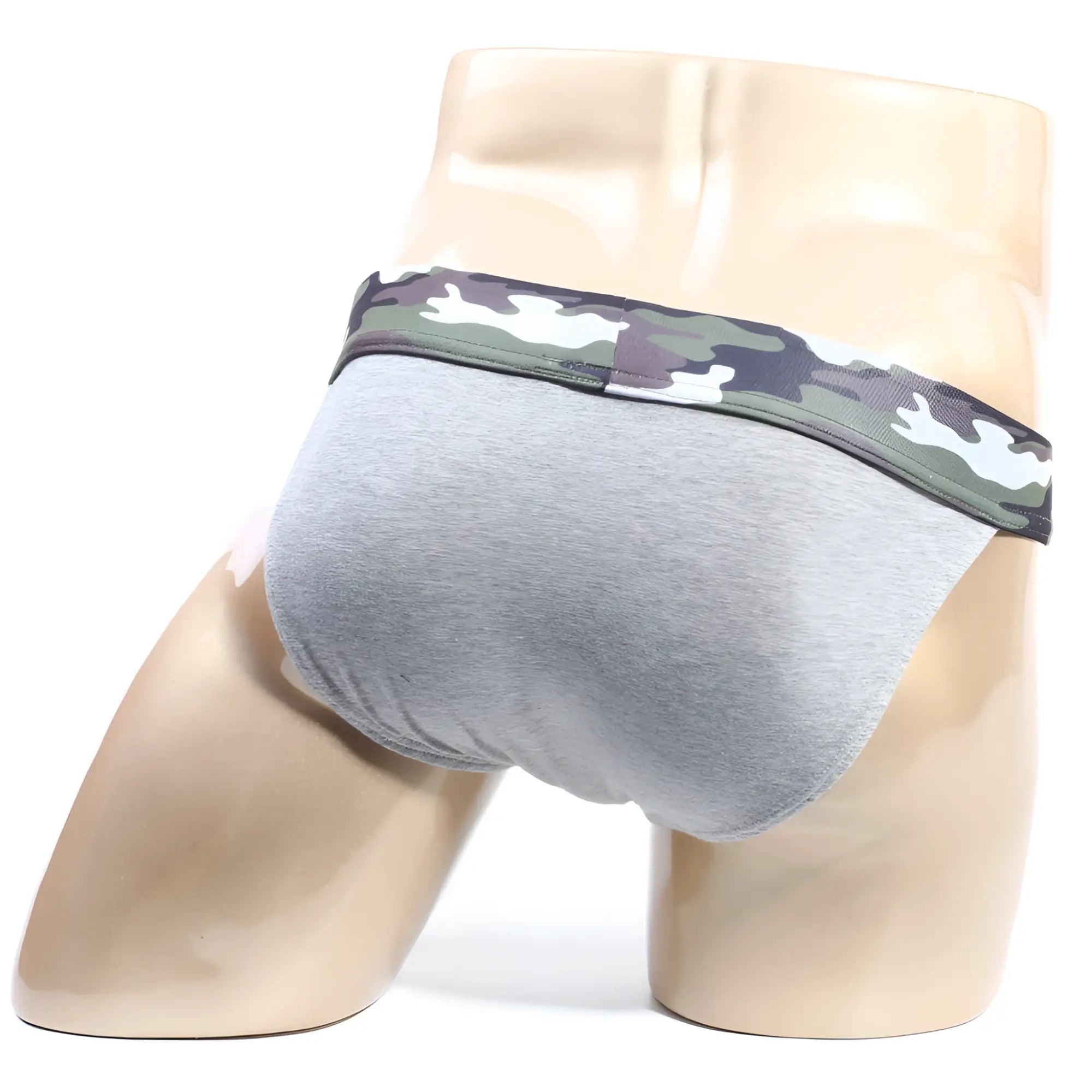 Gray athletic briefs with camouflage patterned waistband from metromalewear camp bikini 3904-10 collection