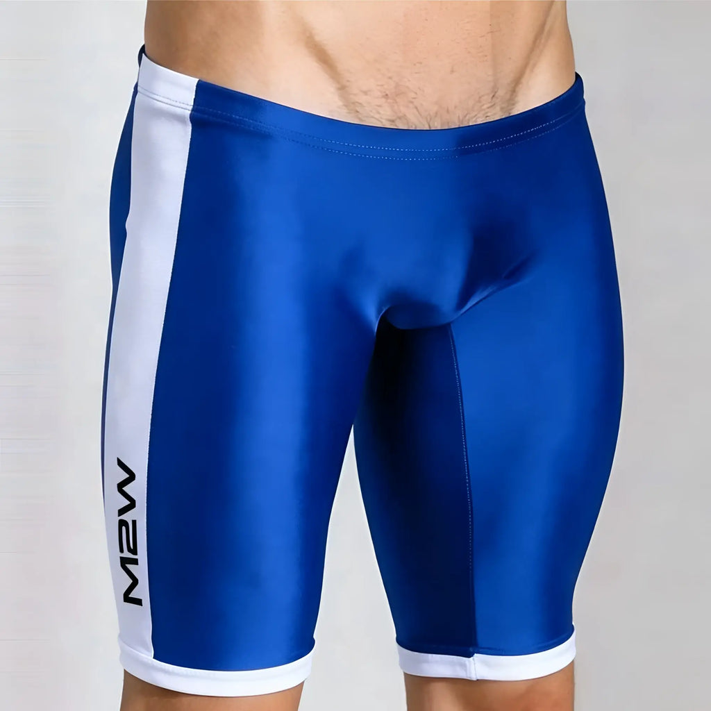 Blue and white metro male wear campus jammer royal blue athletic shorts with sleek form-fitting design and m2w logo on side