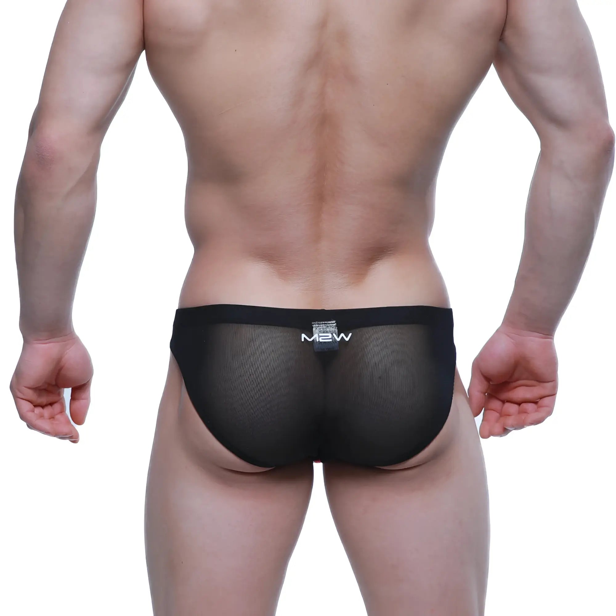 Black mesh briefs with subtle textured pattern and mew logo embroidered on waistband metroMalewear canal bikini 5103-M59
