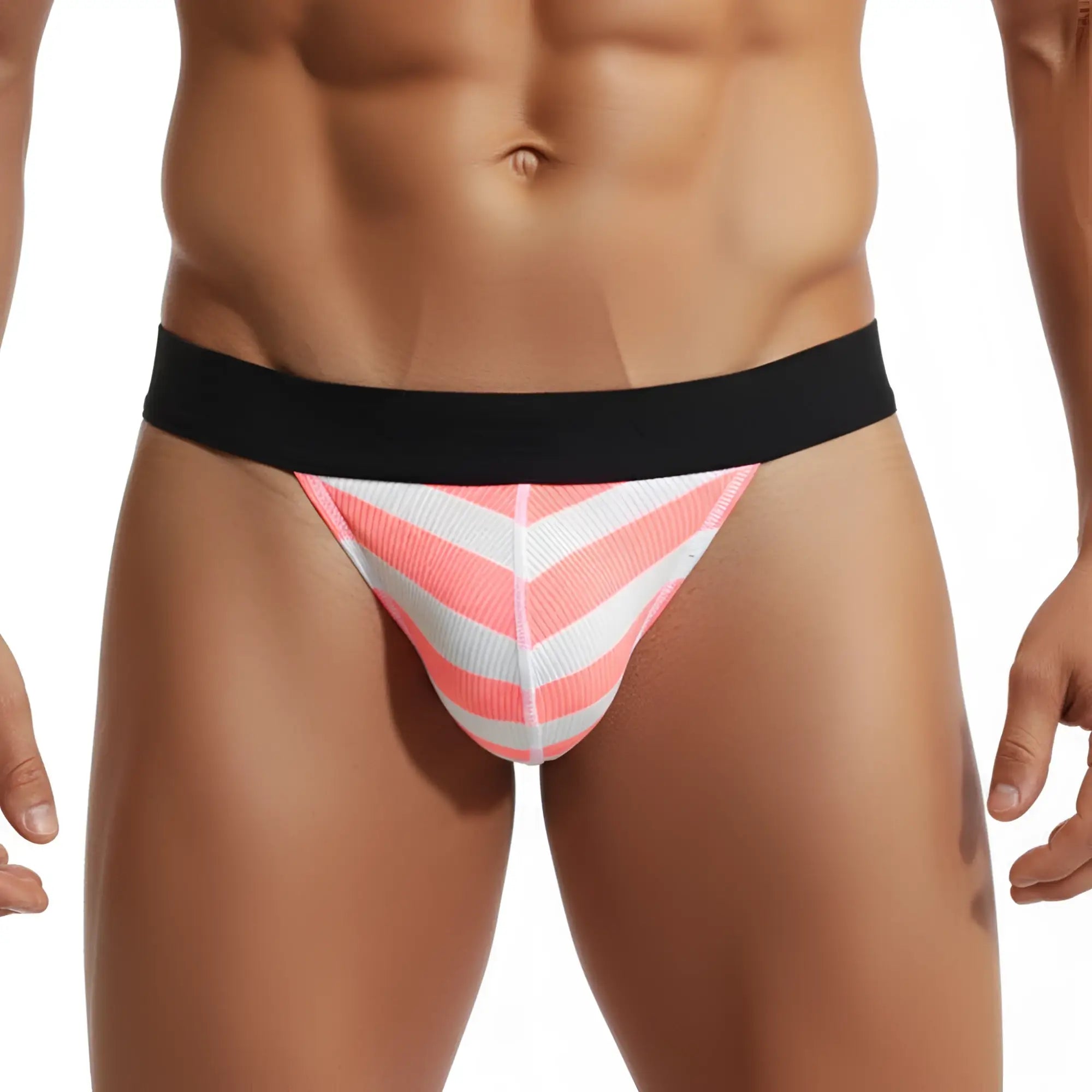 Pink and white chevron patterned briefs with black waistband from metromalewear candy bikini neon orange 3004-74