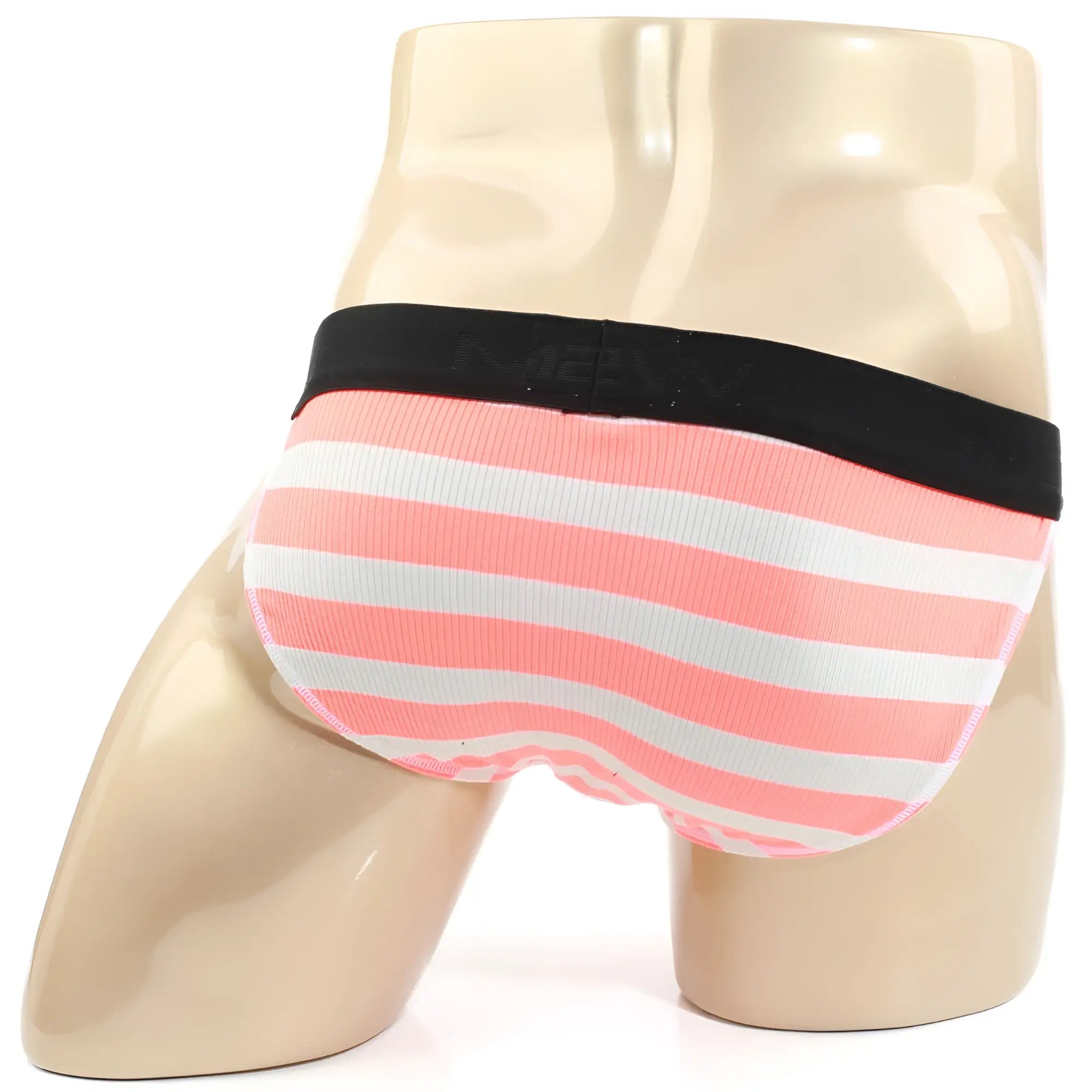 Pink and white striped men’s bikini underwear with black elastic waistband from MetroMaleWear candy bikini neon orange line