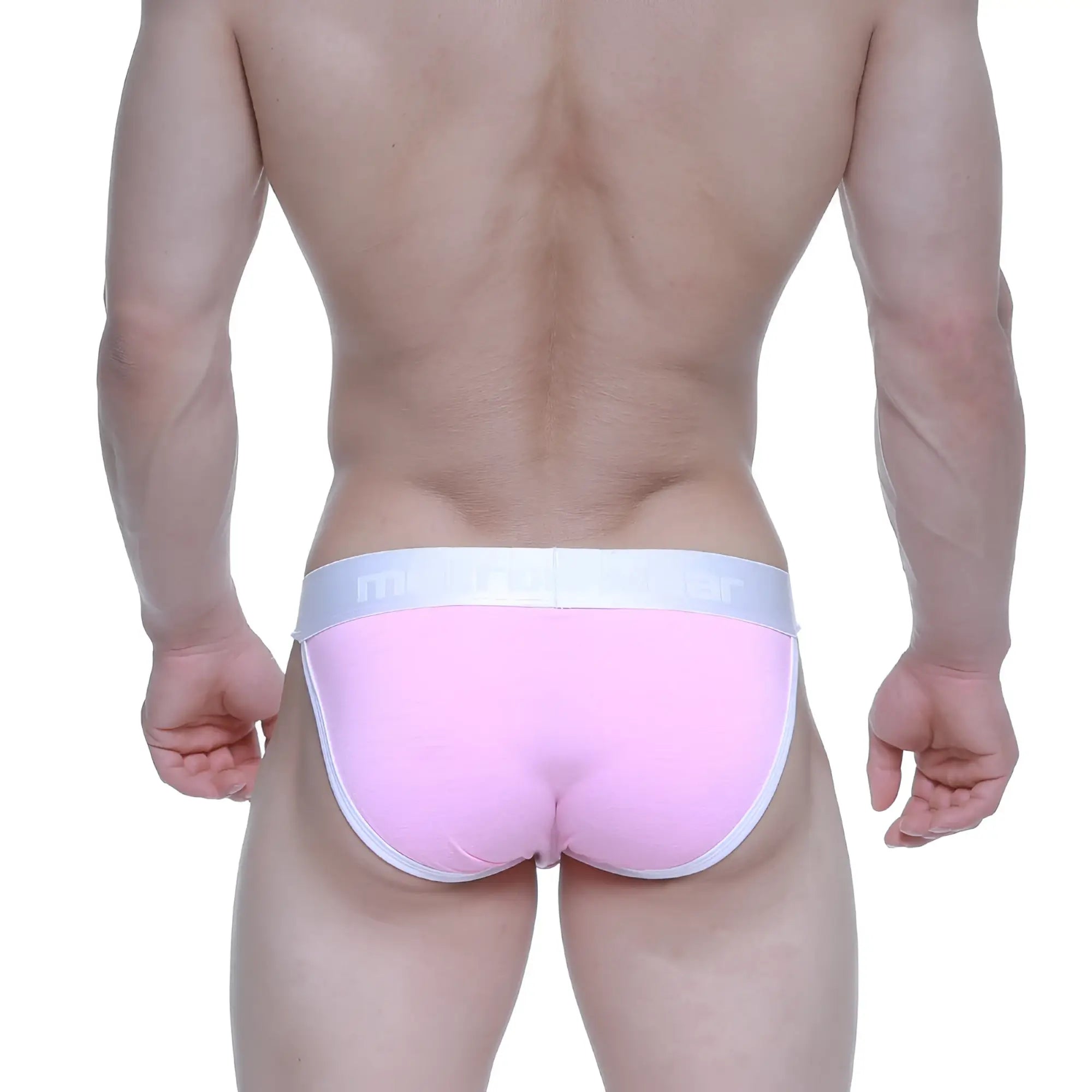 Pink briefs with a white elastic waistband featuring MetroMaleWear branding from the candy coated pink bikini 3004-25 collection