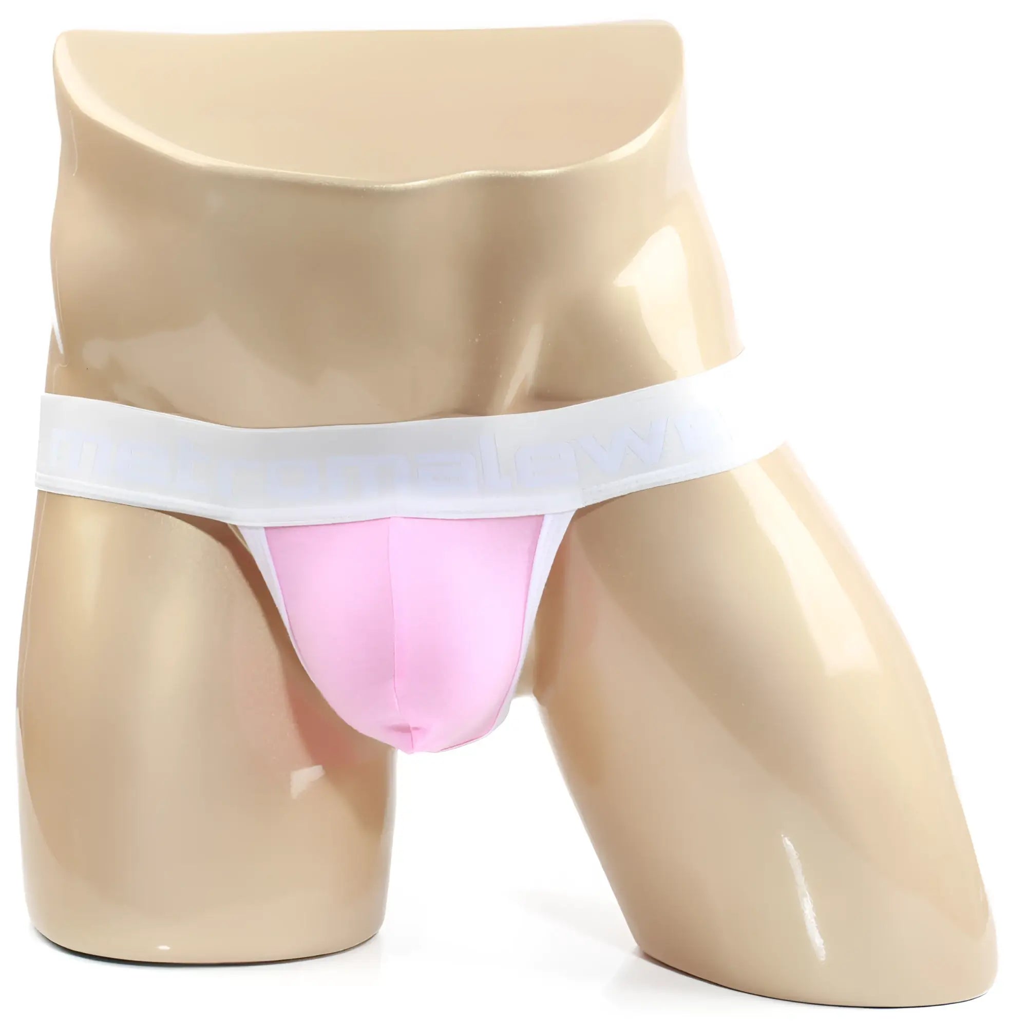MetroMaleWear Candy Coated pink thong with white waistband displayed on mannequin front view for men’s underwear