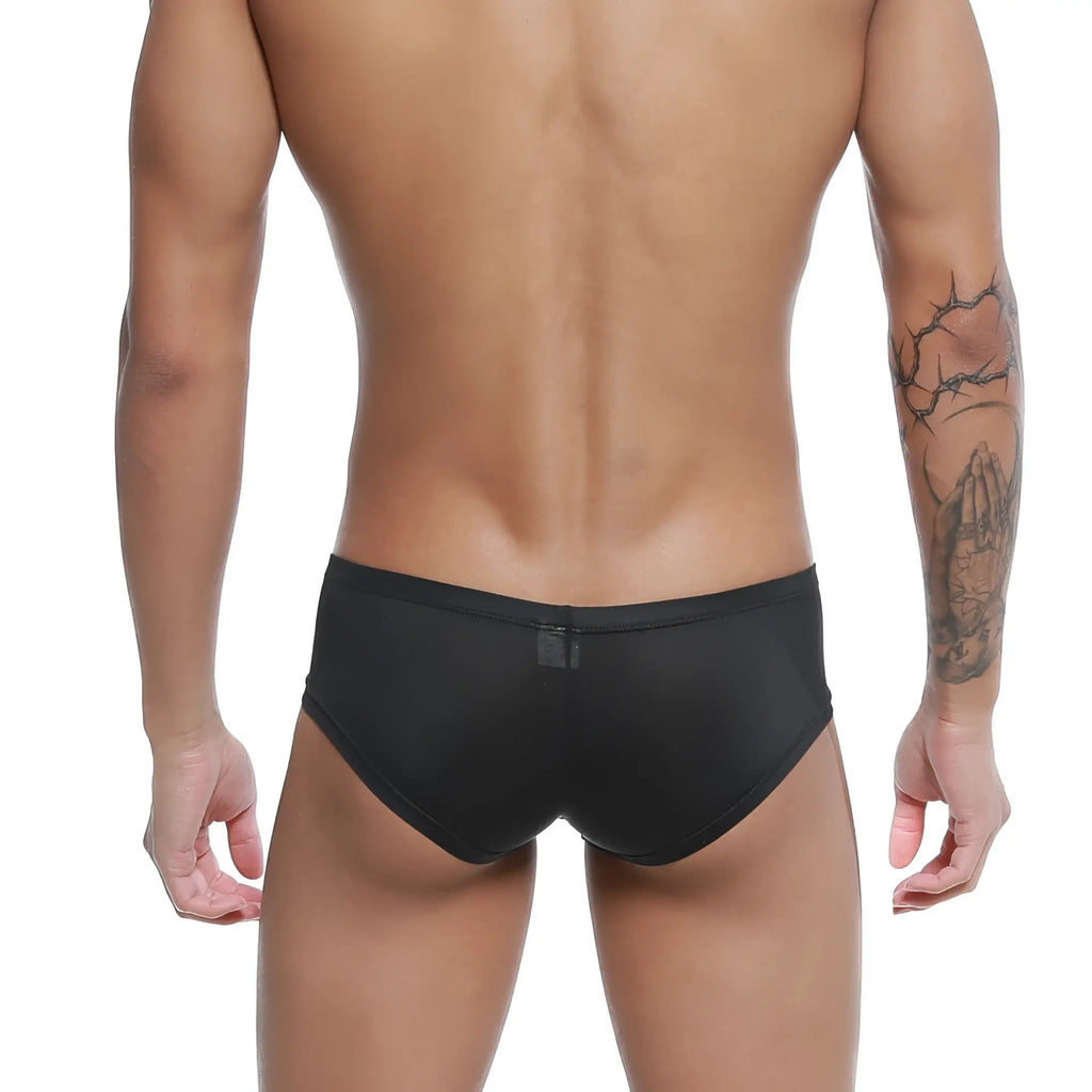 Back view of metro malewear cannon black boxer trunks with subtle sheen and small rectangular tag on waistband