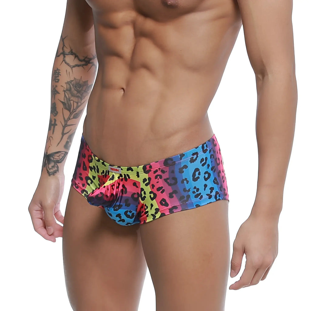 MetroMaleWear Cannon Boxer Neon 2213-05 vibrant multicolored leopard-print swim trunks with pink blue yellow gradient design