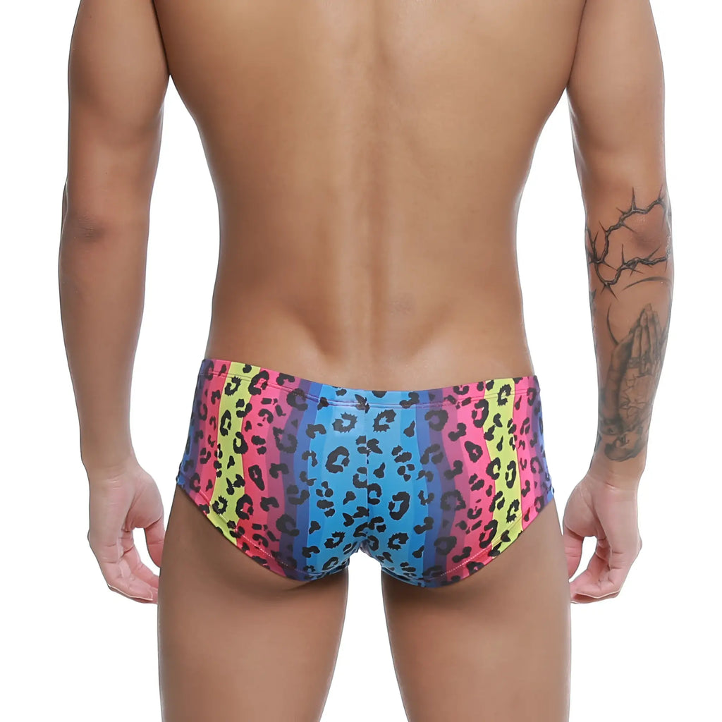MetroMaleWear cannon boxer neon 2213-05 vibrant rainbow-striped swim trunks with bold black leopard print pattern