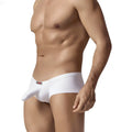 White mens boxer underwear with molded front pouch and small red metro male wear logo on waistband