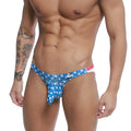 Blue star-patterned men’s swim trunks with red and white waistband metroMalewear cannon hip brief batalla 2203-92