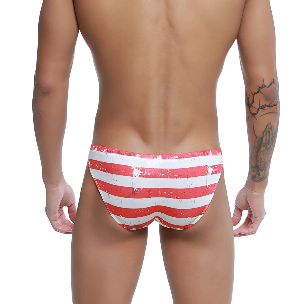Red and white striped distressed swim trunks metroMalewear cannon hip brief batalla 2203-92 with vintage look