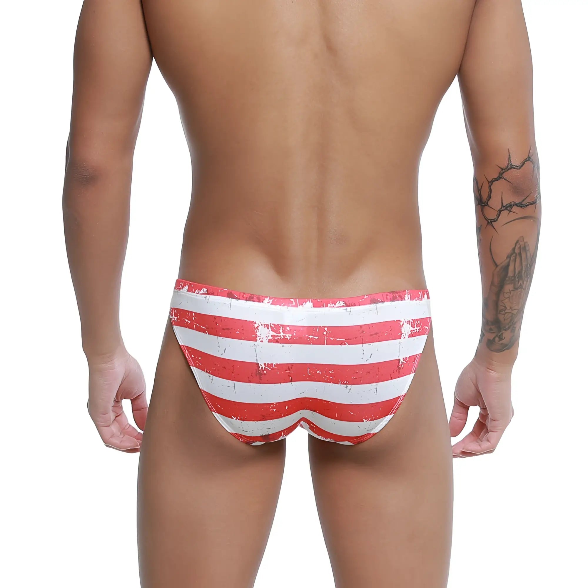 Red and white striped distressed swim trunks metroMalewear cannon hip brief batalla 2203-92 with vintage look