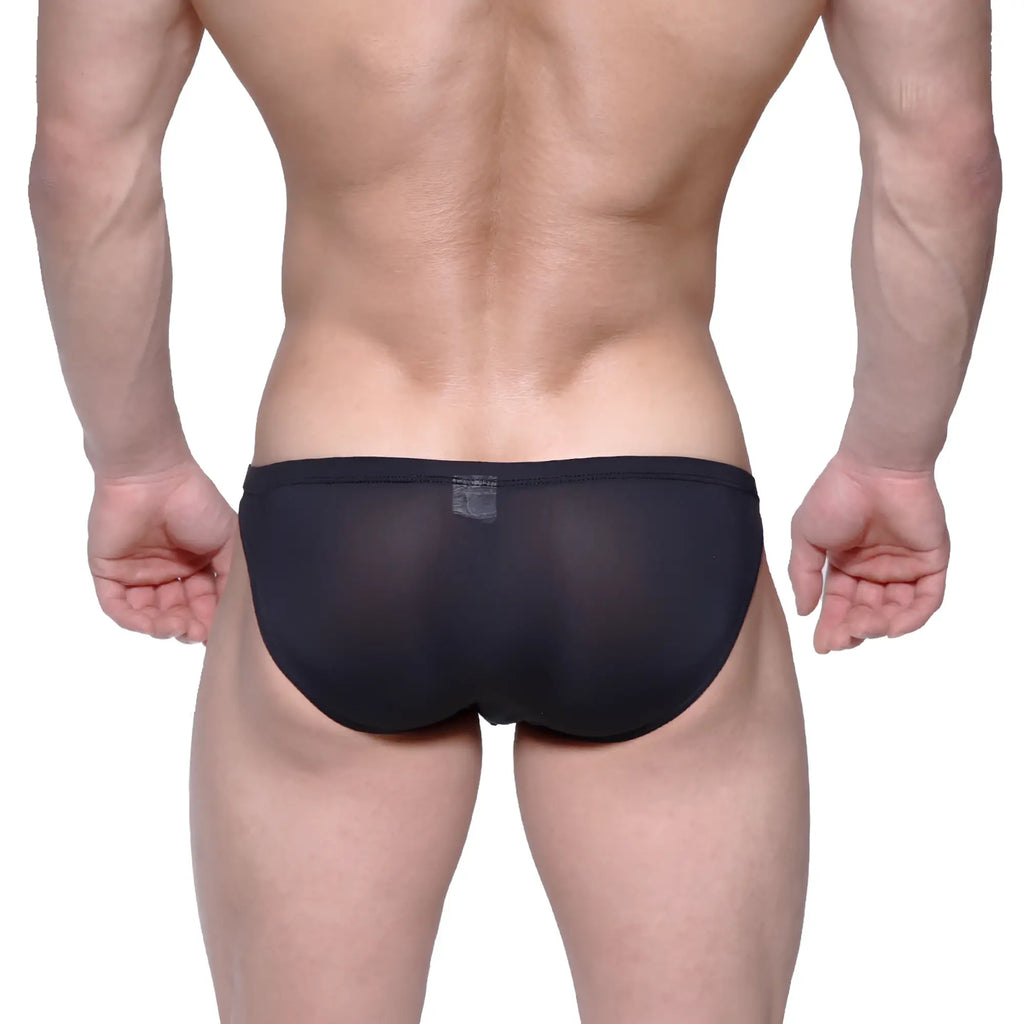 MetroMalewear cannon hip brief black 2203-20 sheer mesh briefs showing front view in black color and breathable fabric