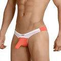 Coral and white patterned molded men’s briefs with supportive design from MetroMaleWear cannon hip brief 2203C-14