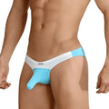 Light blue and white men’s thong with perforated waistband from metromalewear cannon hip brief contrast turquoise collection