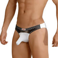 MetroMaleWear Cannon hip brief in black and white mesh with solid white front panel and mawon brand label on waistband