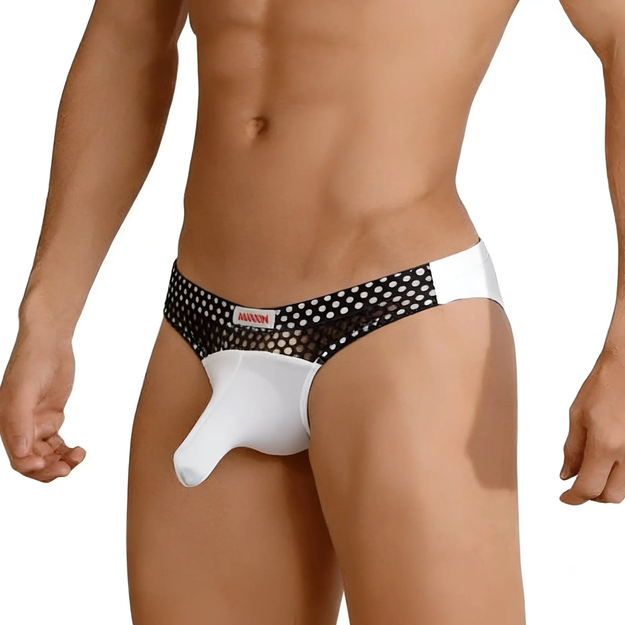 MetroMaleWear Cannon hip brief in black and white mesh with solid white front panel and mawon brand label on waistband