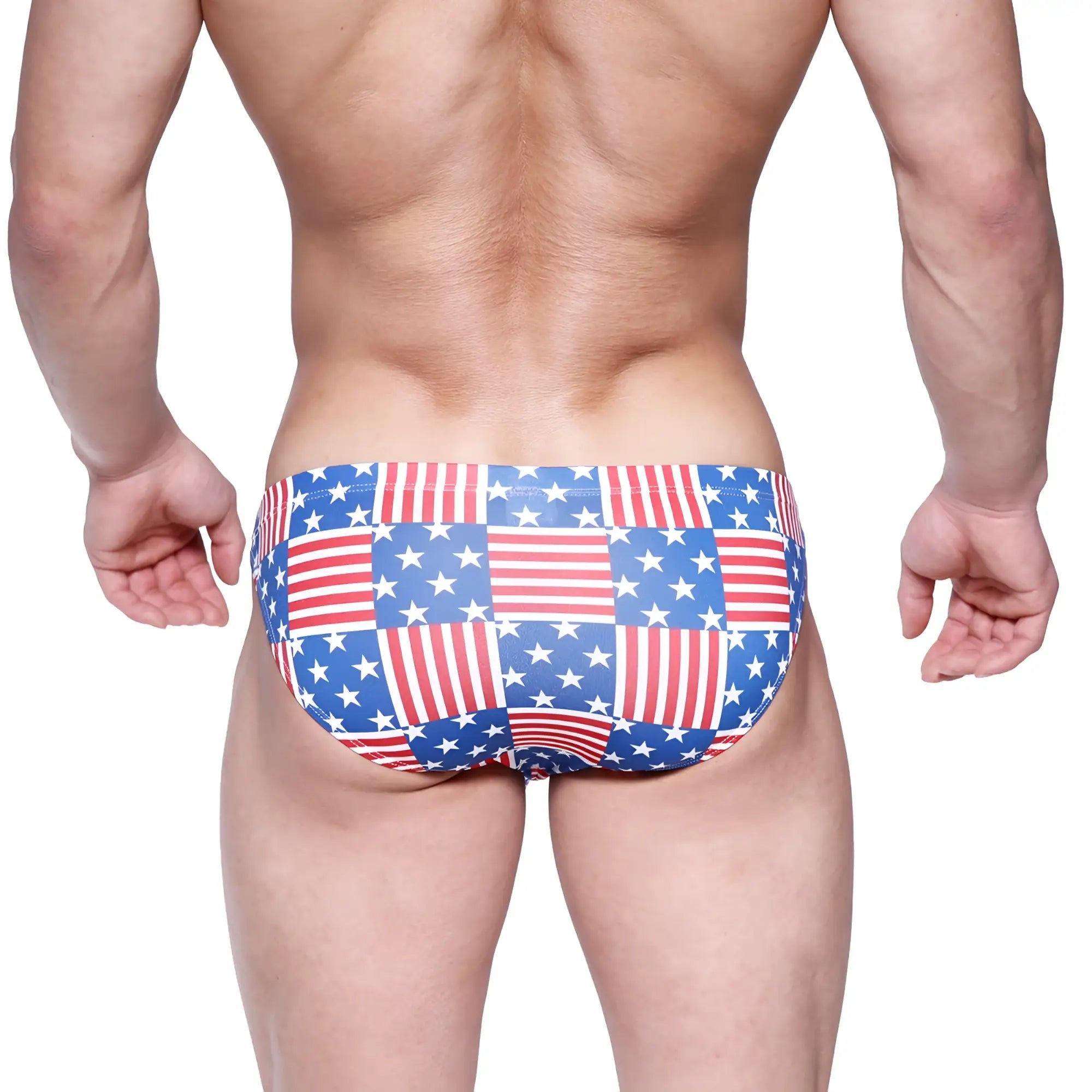 MetroMaleWear cannon hip brief usa blue swim trunks with American flag patchwork in red white and blue