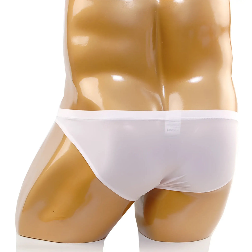 White smooth-textured briefs on a mannequin metroMaleWear cannon hip brief white 2203-00