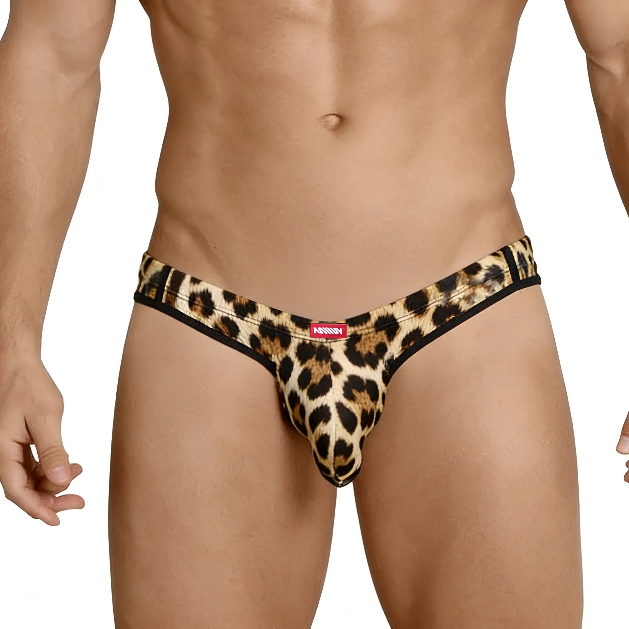 MetroMaleWear Cannon thong animal 2202-60 leopard print men’s thong with black trim and red brand tag front view