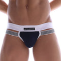 Navy blue and white striped men’s briefs with branded waistband by metromalewear canoa jock strap navy 3011-28