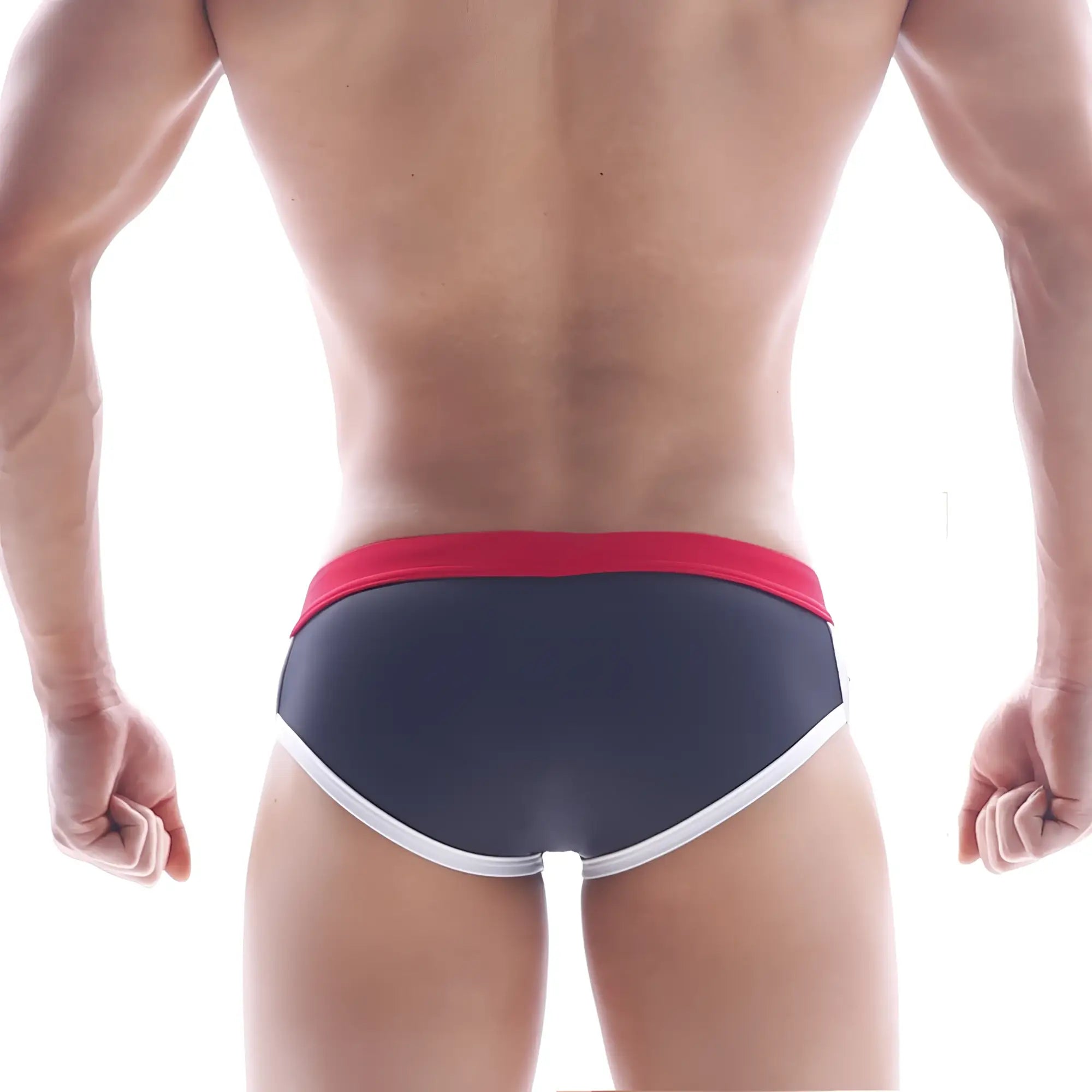 MetroMaleWear Capas swim brief black with dark gray fabric, red waistband, and white trim for swimming use