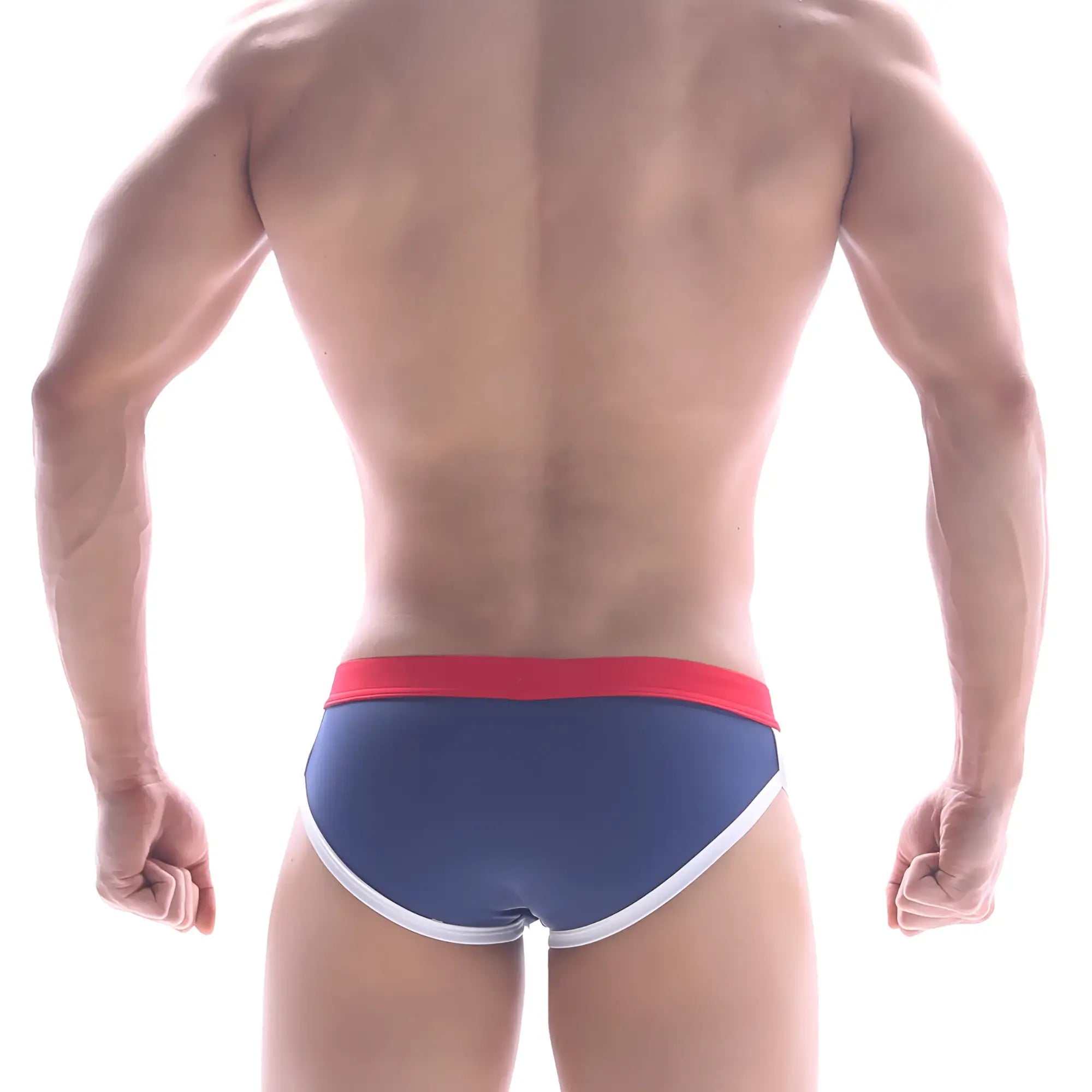 MetroMaleWear Capas swim brief navy in blue with red waistband and white trim designed for swimming and beachwear