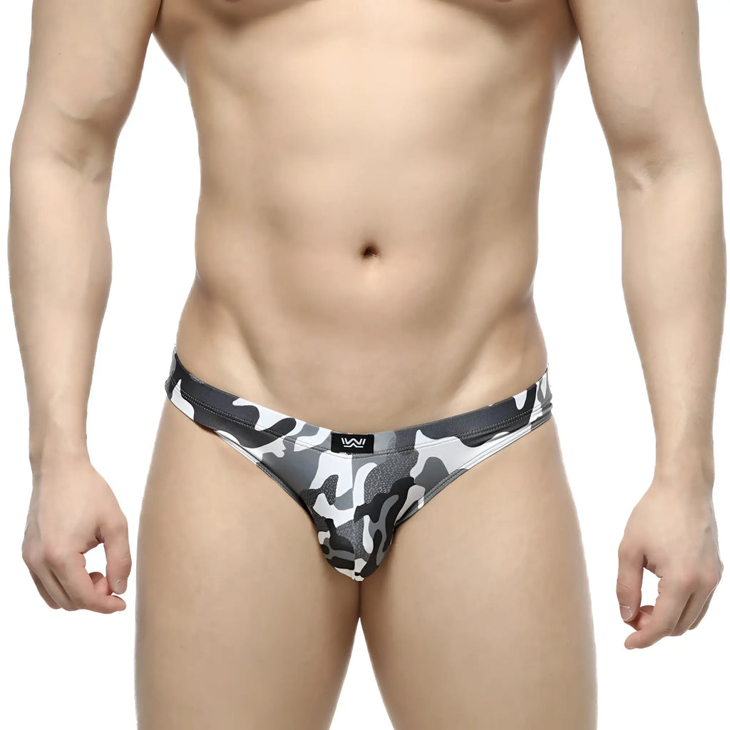 Metro male wear capri bikini army grey men’s briefs with black gray white camouflage pattern and snug fit