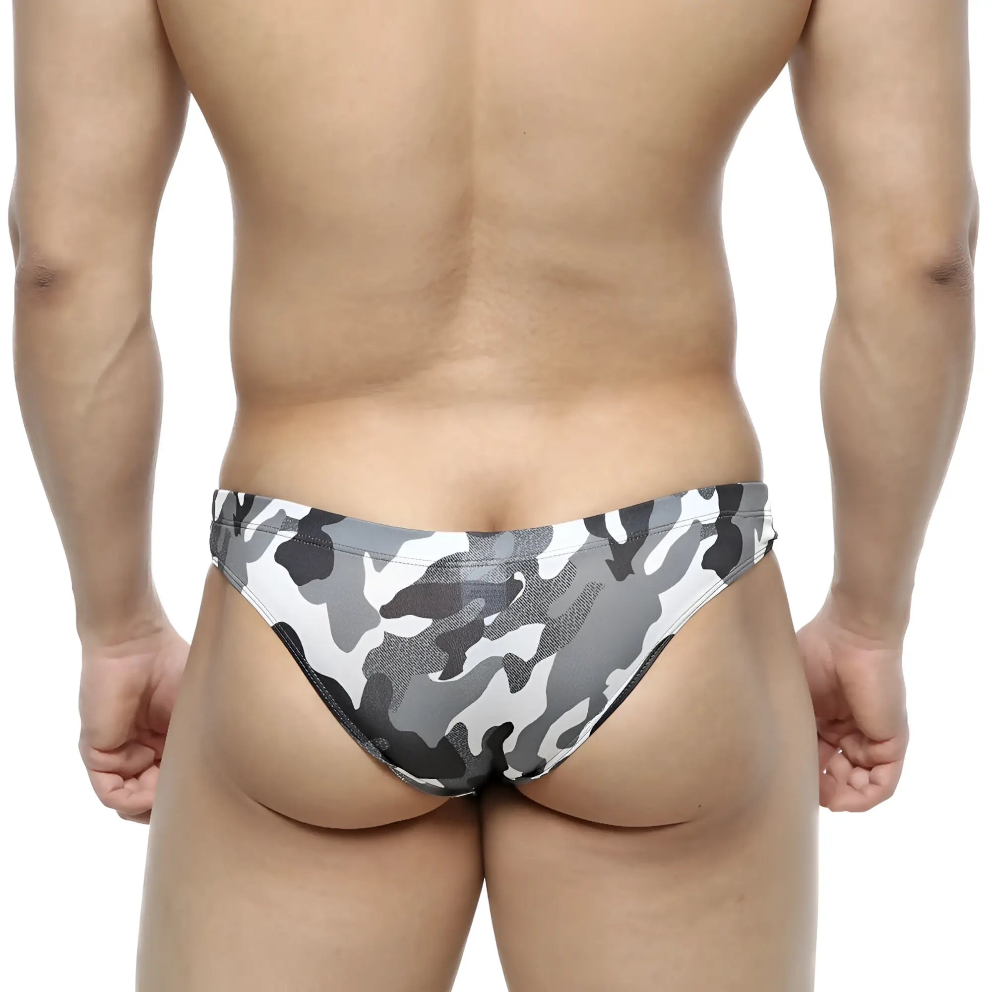 Gray and white camouflage swim trunks by metromalewear featuring a capri bikini cut in army grey 6103-39