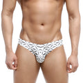 White mens briefs MetroMaleWear Capri Bikini Caballero 6103-03 with bold black geometric pattern and stylized mustaches