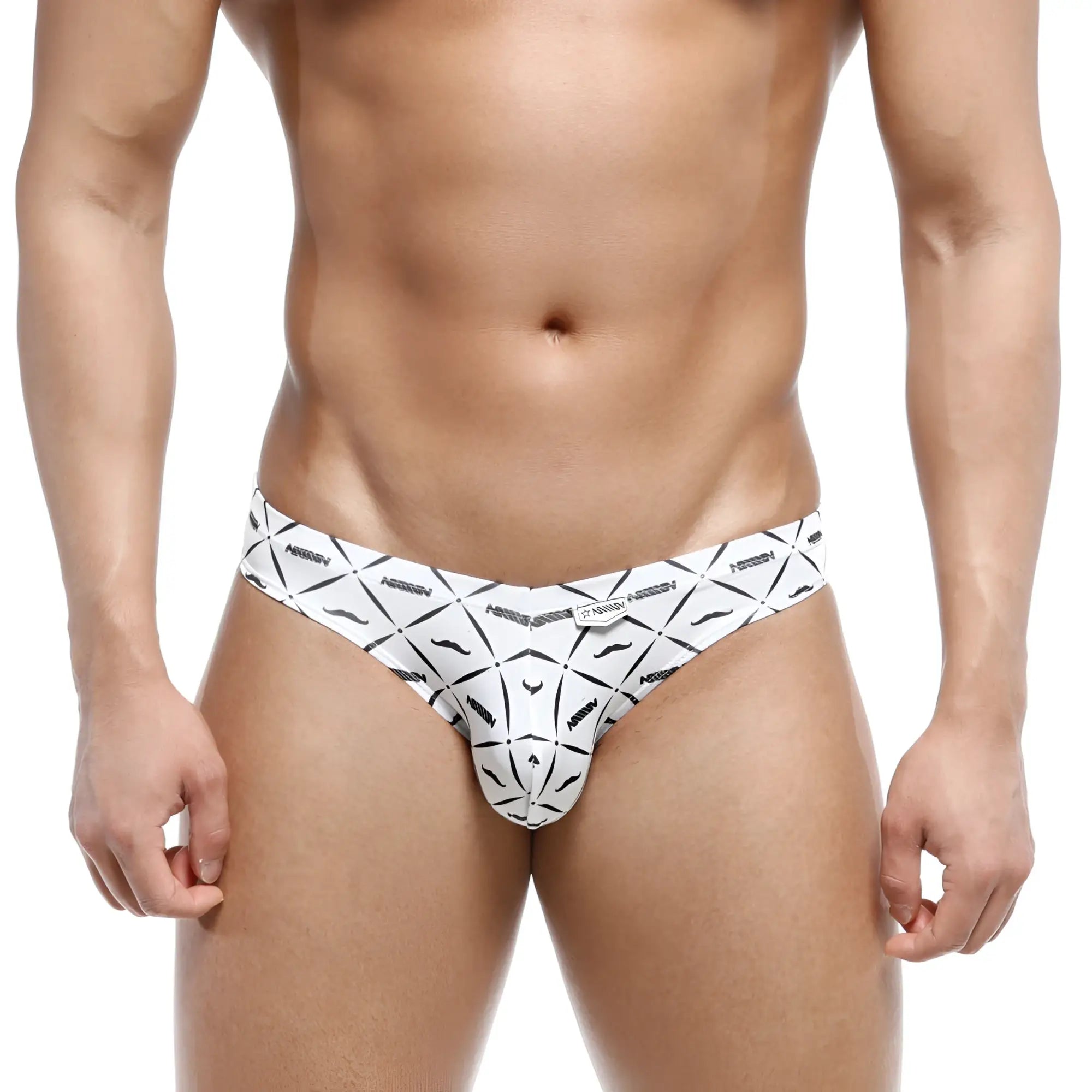 White mens briefs MetroMaleWear Capri Bikini Caballero 6103-03 with bold black geometric pattern and stylized mustaches