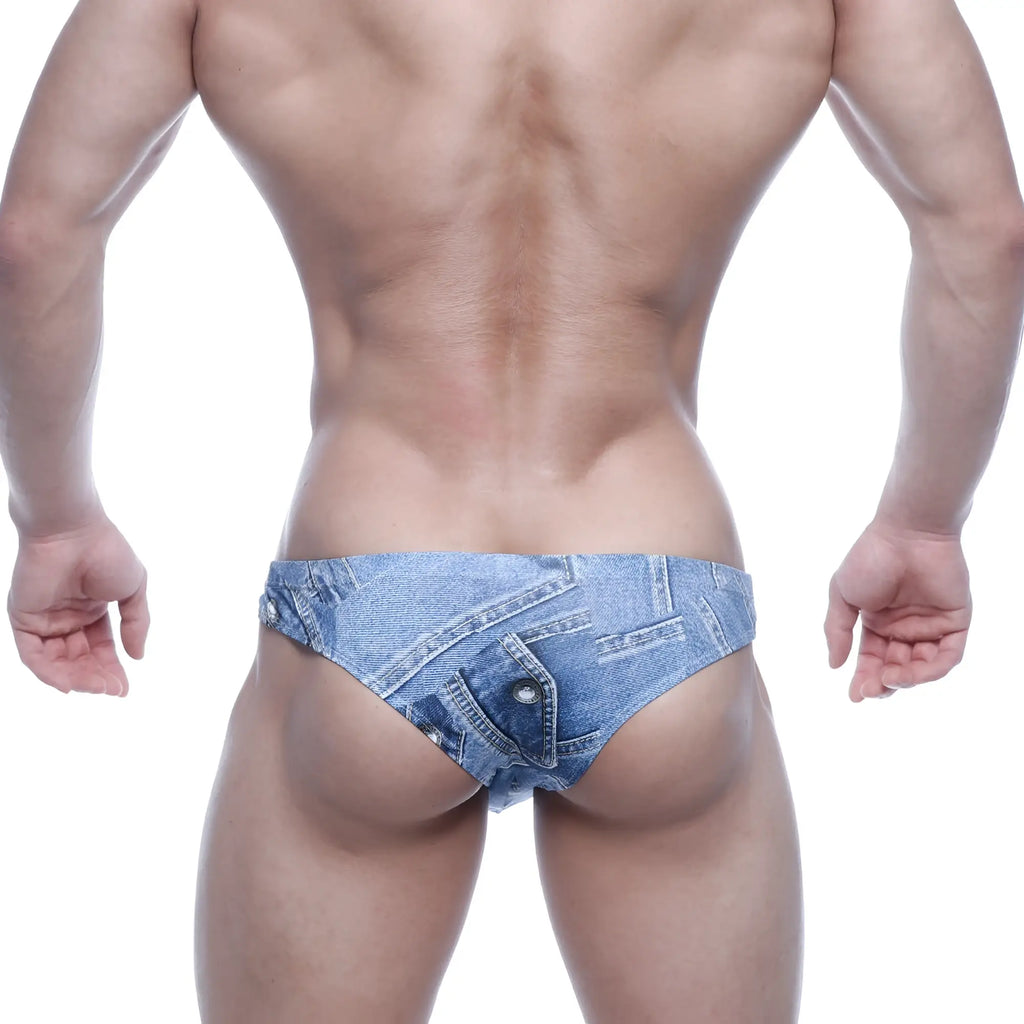 MetroMaleWear capri bikini briefs in denim blue with faux pocket and button detail in blue denim pattern