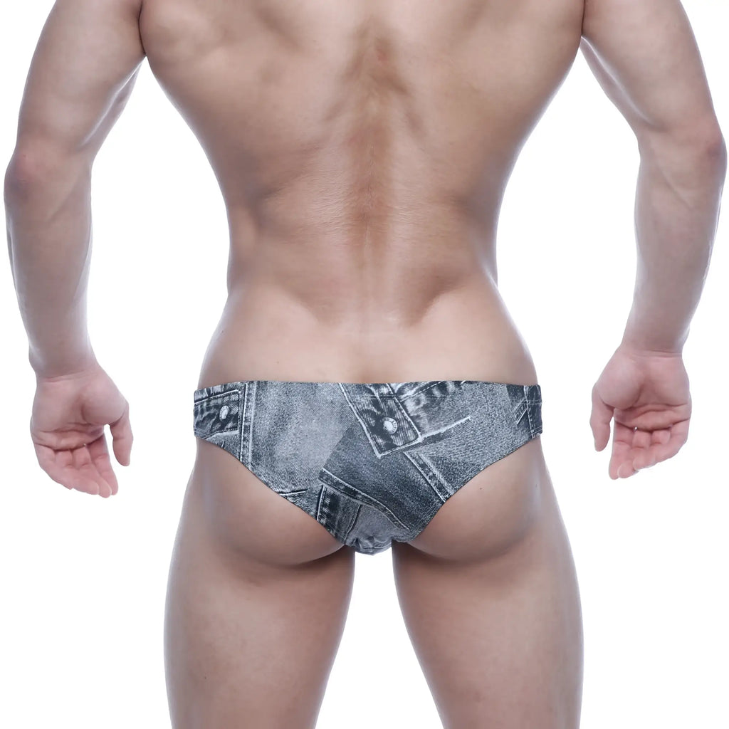 Denim-patterned swim trunks in faded blue-gray wash with stitched seams and button details metroMalewear capri bikini denim gray 6103-44