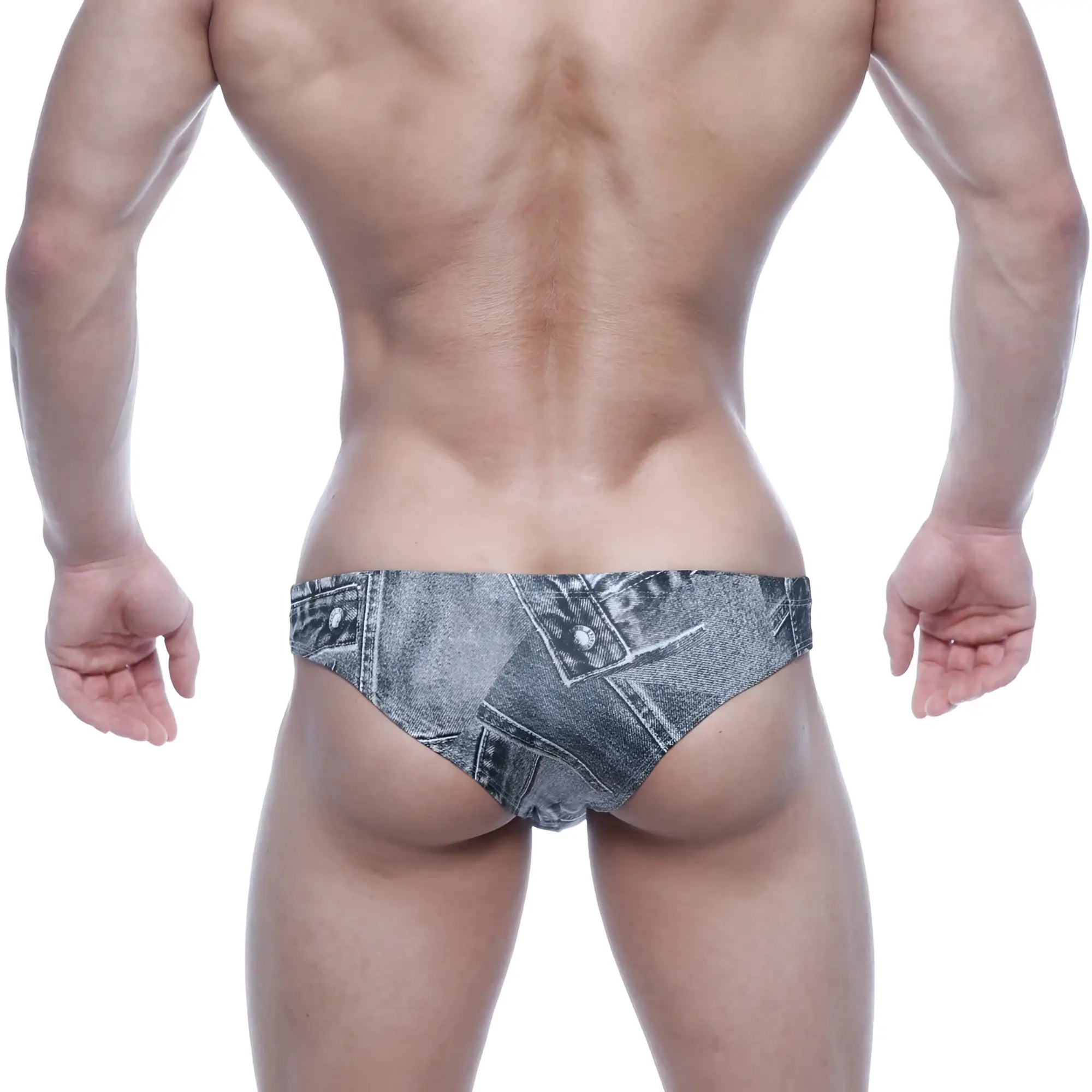 Denim-patterned swim trunks in faded blue-gray wash with stitched seams and button details metroMalewear capri bikini denim gray 6103-44
