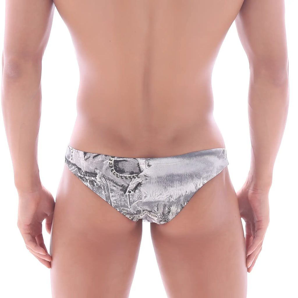 Gray and white patterned swim trunks with vintage currency design metroMalewear capri bikini denim grey 6103-47
