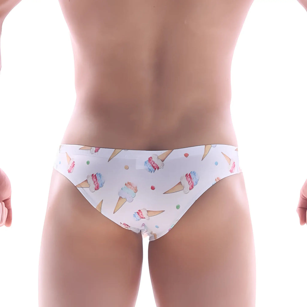 White briefs MetroMaleWear Capri Bikini featuring colorful ice cream cone and sprinkle pattern on a white background