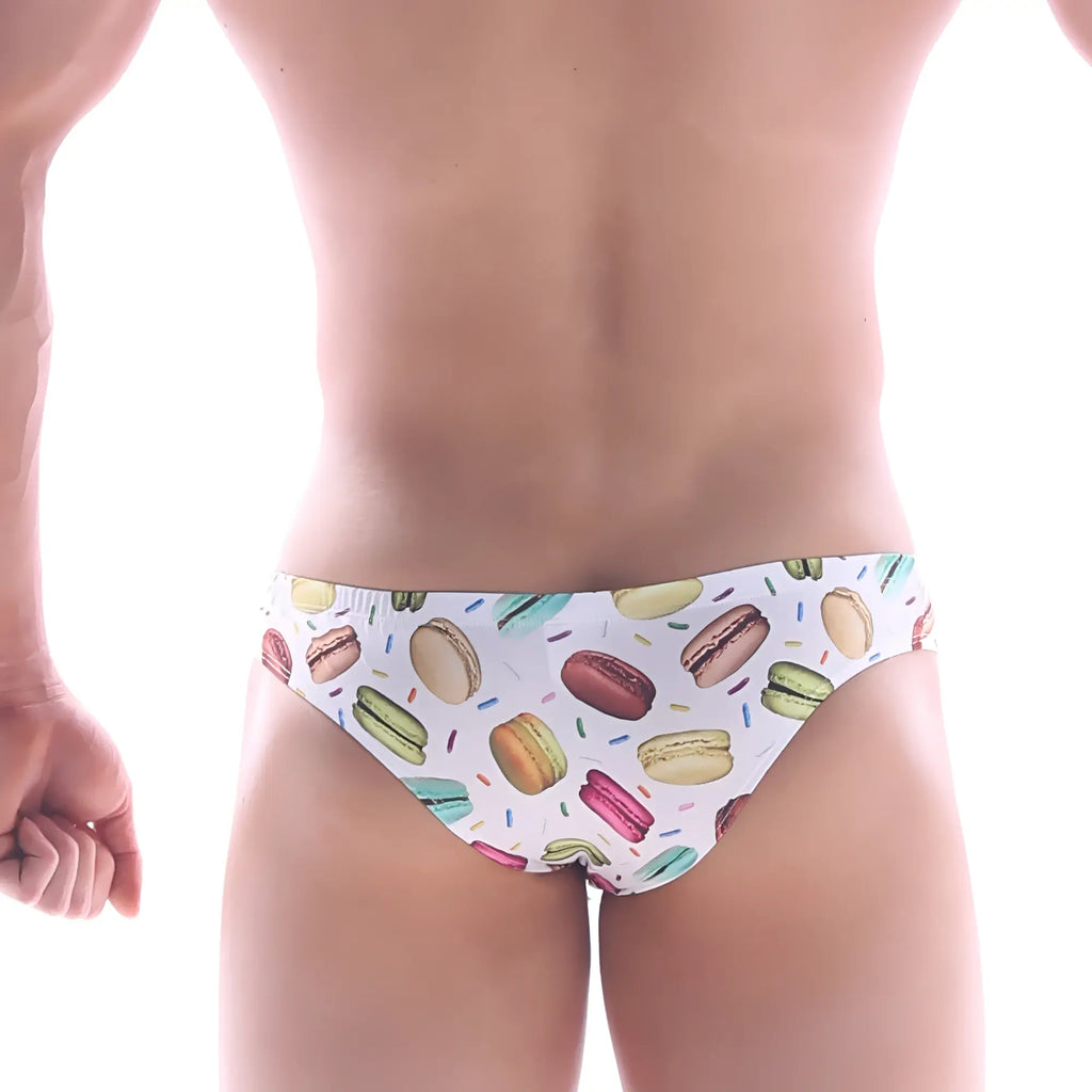 White swim trunks by MetroMaleWear with colorful macaron and sprinkle pattern ideal for beachwear