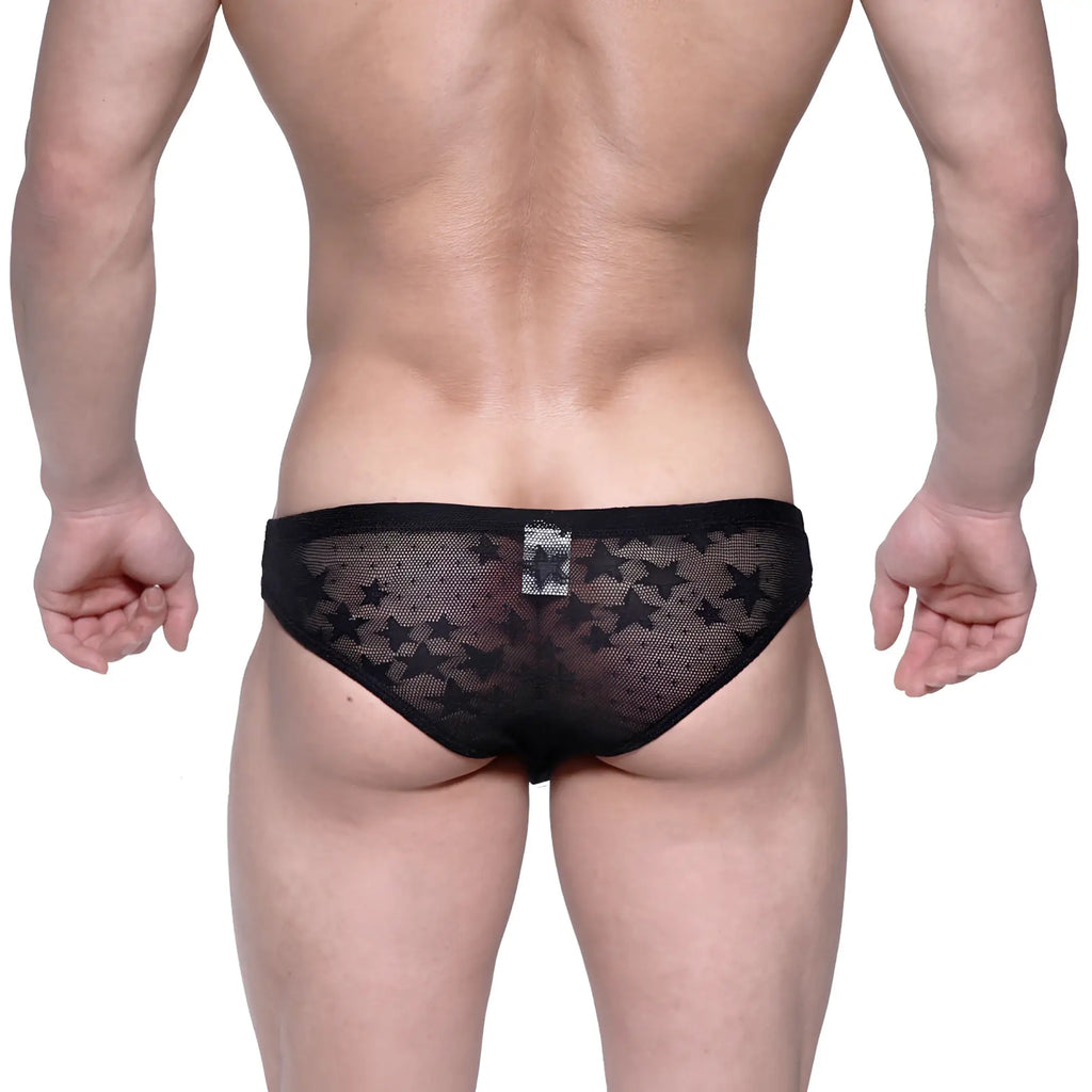 Metro male wear capri bikini star black 6103-51 black star-patterned mesh briefs shown from the back side